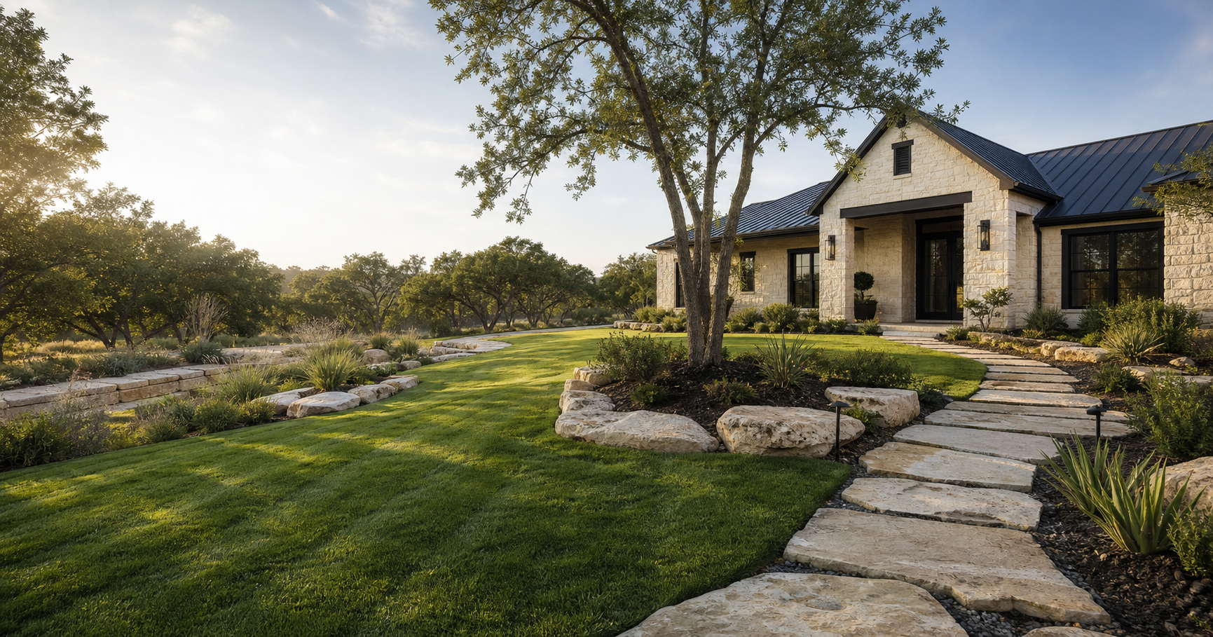 Freshly finished residential landscape with lawn, stone edging, shrubs, and trees