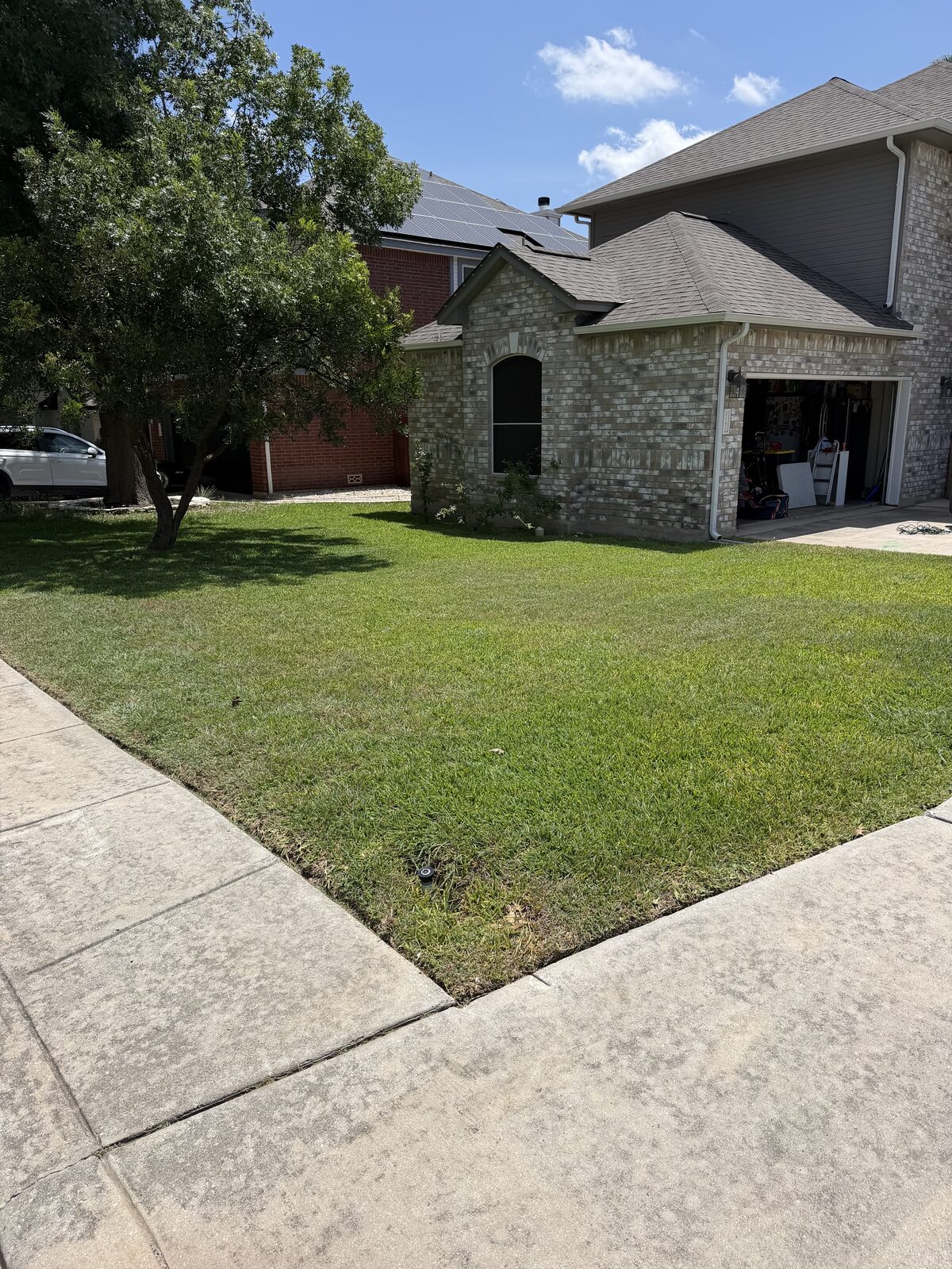 Freshly mowed front lawn with clean edging along the sidewalk